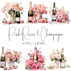 Rosa Rosen und Champagner, Aquarell Clipart, PNG-Format, Sofort-Download, kommerzielle Nutzung, POD-Verwendung