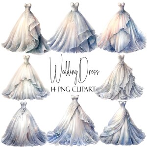 Vestidos de noiva, clipart aquarela, 14 PNGs, download instantâneo, uso comercial, uso POD