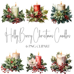 Holly Berry Weihnachtskerze, Aquarell Clipart, PNG-Format, Sofort-Download, kommerzielle Nutzung, POD-Verwendung