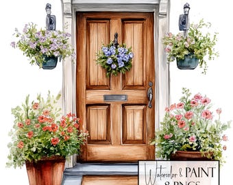 Watercolor Country Door Clipart Bundle, 8 Transparent PNGs, Commercial Use, POD Use, Instant Download