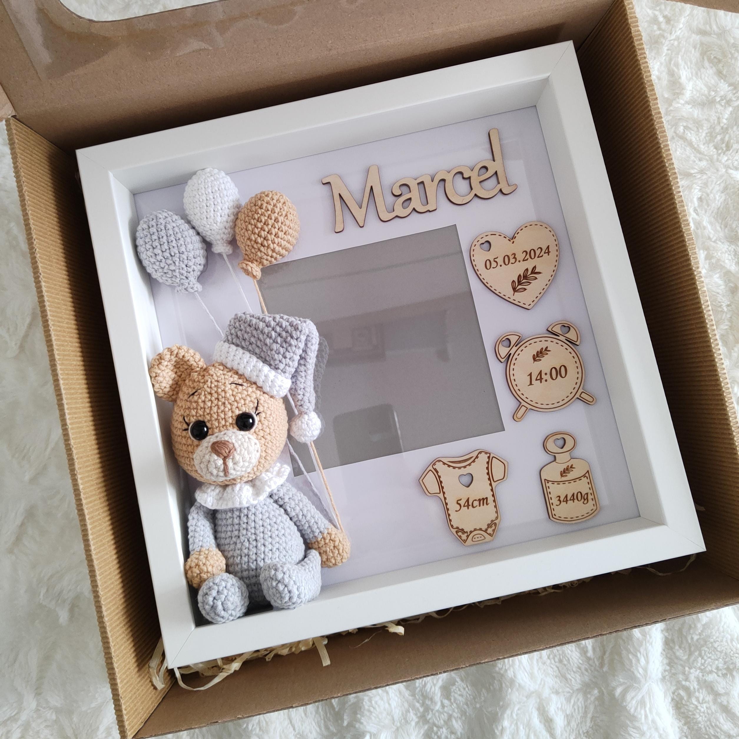 Baby Birth Stats Frame, Crochet Teddy Bear, Newborn Nursery Decor