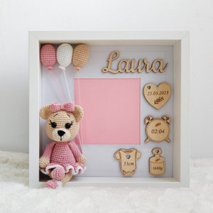 One-of-a-Kind Crochet Teddy Bear Frame with Birth Stats for baby girl  - personalized Keepsake Baby