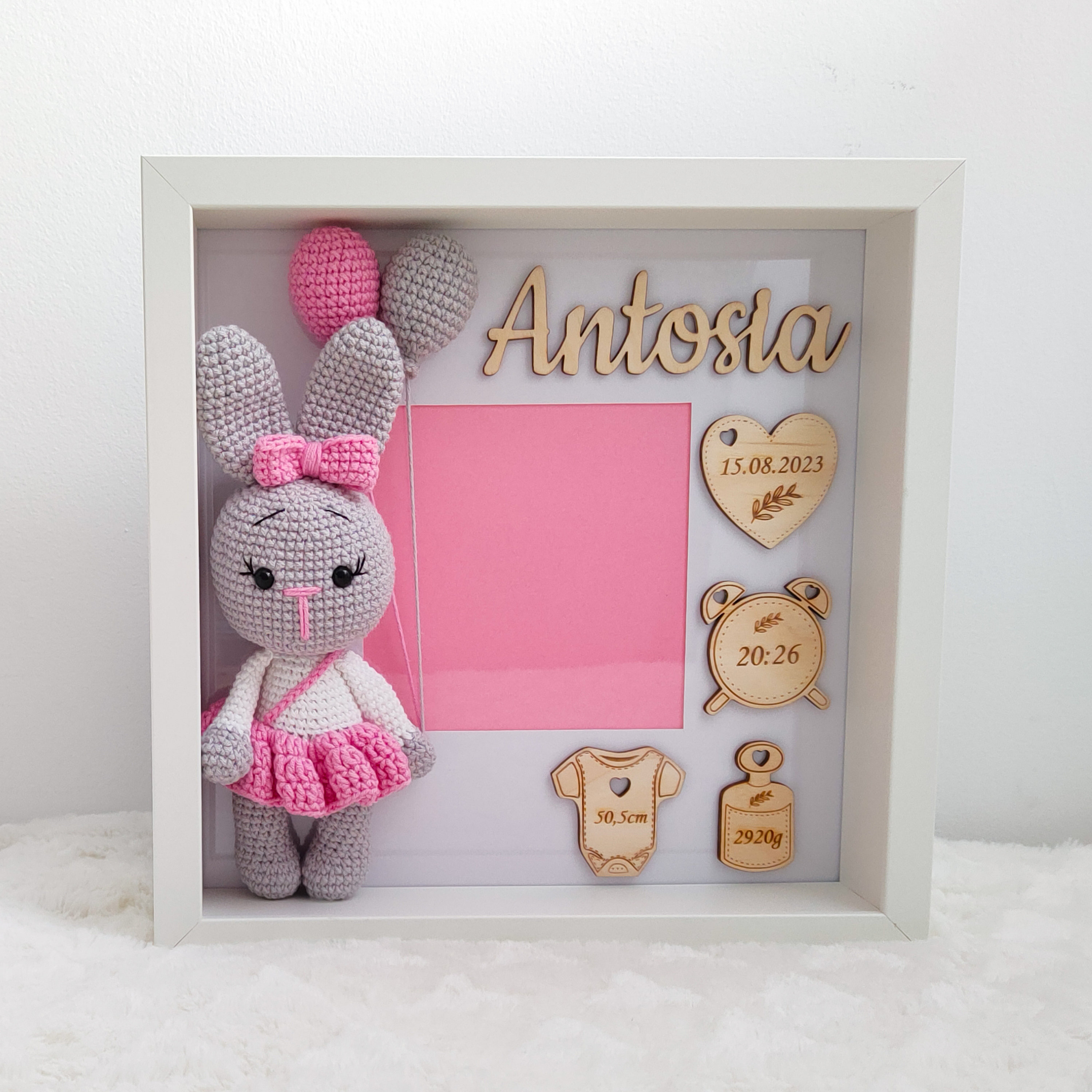 Personalized Baby Girl Photo Frame – Crochet Bunny, Birth Stats