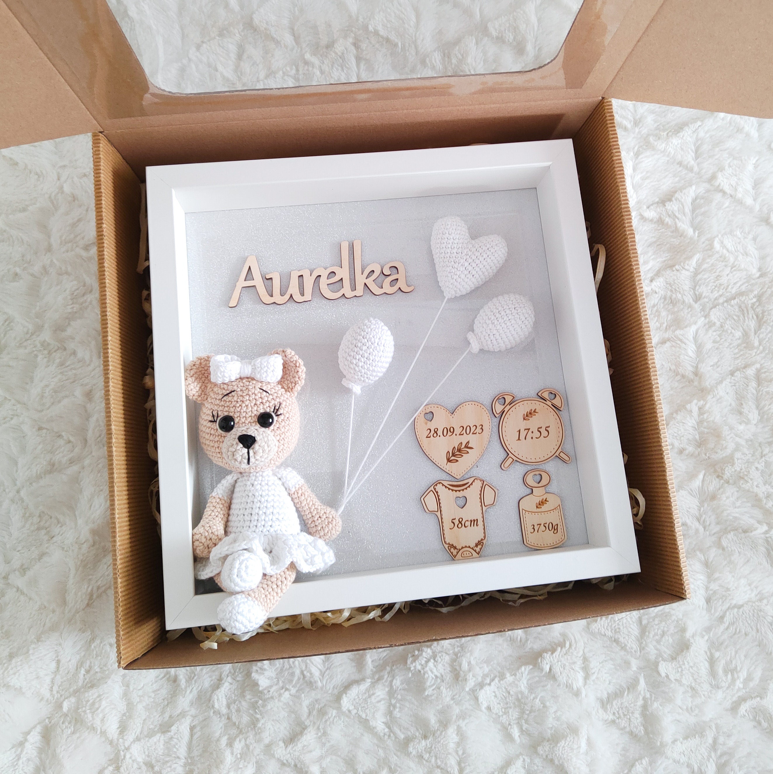 Custom Baby Birth Stats Frame – Crochet Teddy Bear, Newborn