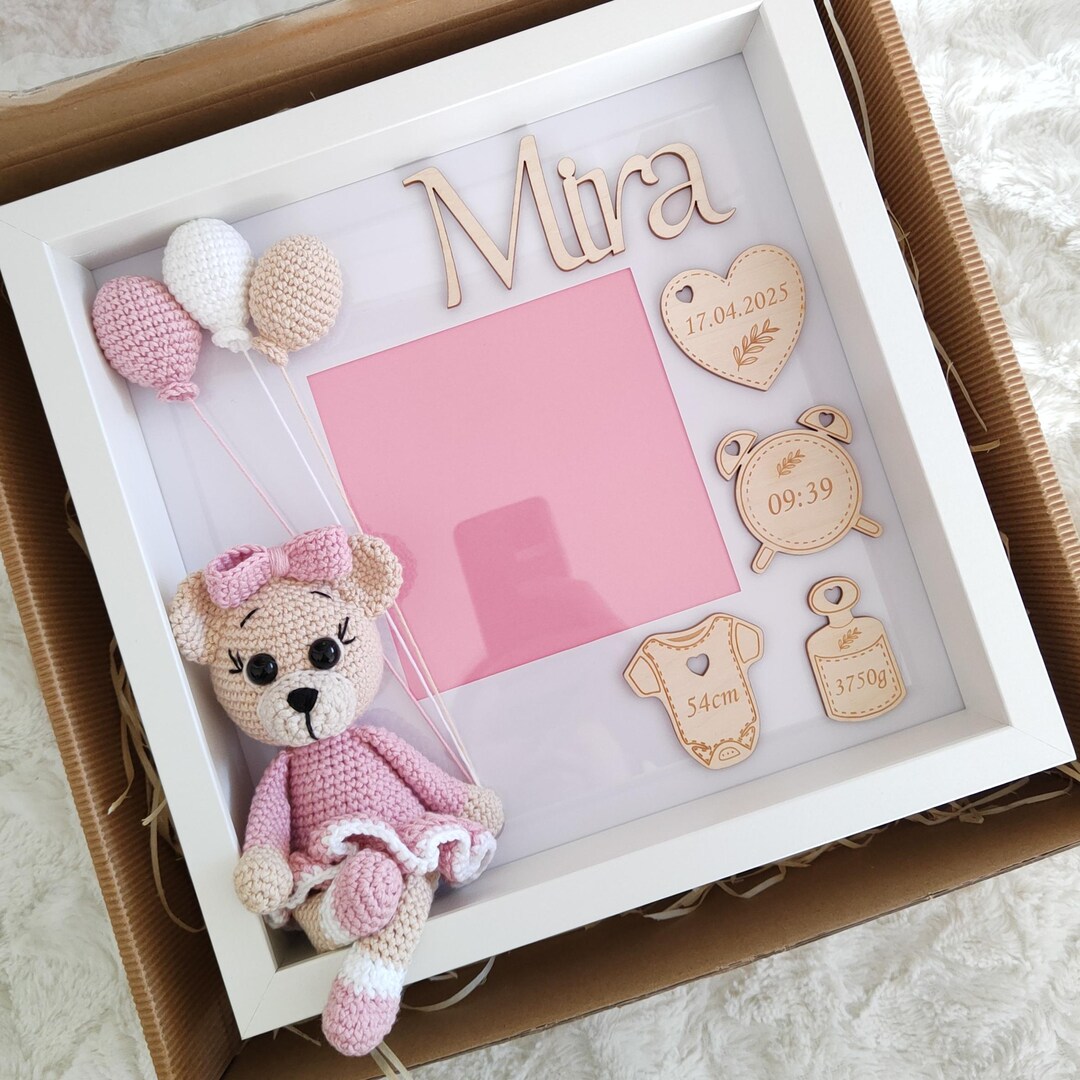Crochet Teddy Bear Baby Stats Frame, Personalized Nursery Decor - Etsy