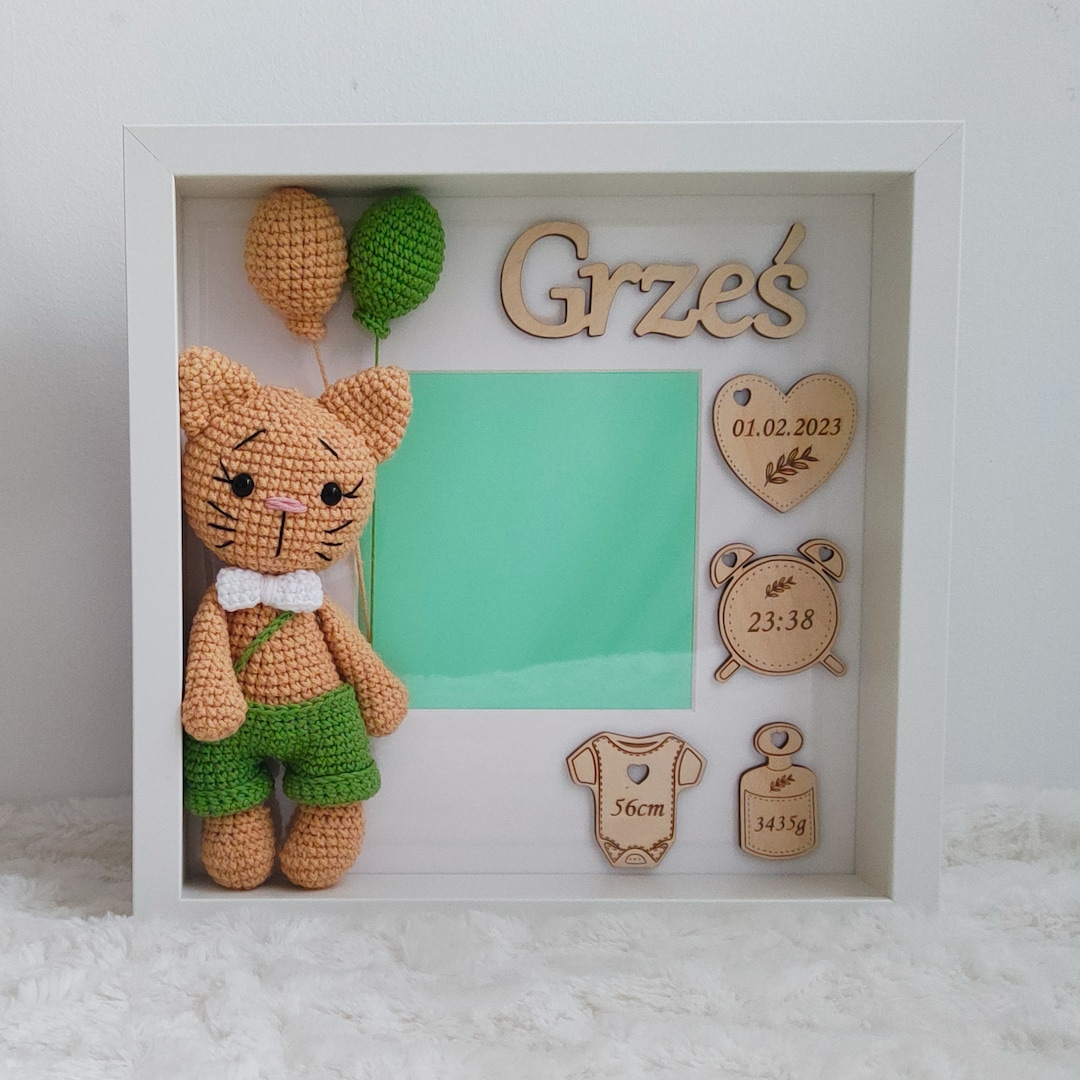 Personalized Baby Birth Stats Frame With Handmade Crochet Teddy Bear ...