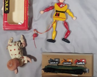 Vintage Tyco HO Train Cars, Wood Electric Man Pull Toy and Crawling Baby