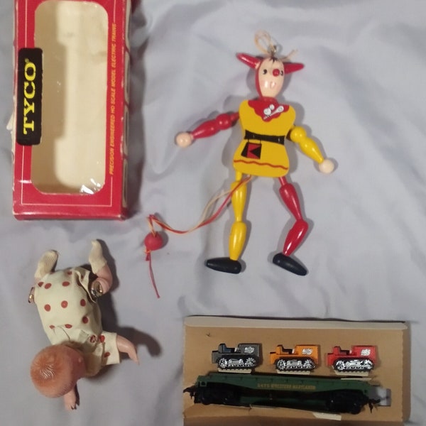 Vintage Tyco HO Train Cars, Wood Electric Man Pull Toy and Crawling Baby