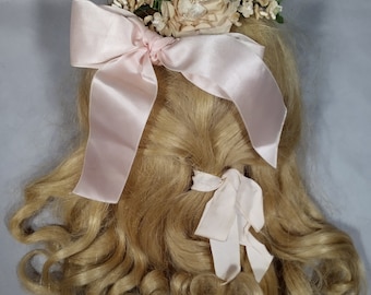 Large Antique Blond Doll Wig, 100% Human Hair, silk flowers 2 pink bows