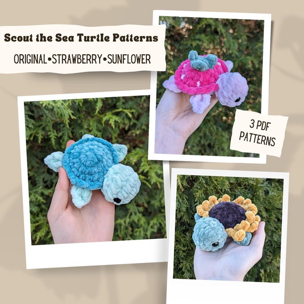 Scout the Seat Turtle Crochet Pattern-Scout the Strawberry and Sunflower Sea Turtle Crochet Patterns: Low Sew Amigurumi Pattern