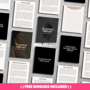 May include: A collection of digital printable guides on becoming a spiritual millionaire. The guides include topics such as understanding spiritual wealth, aligning values with growth, and practical steps to becoming a spiritual millionaire. The guides are black and white with gold text.