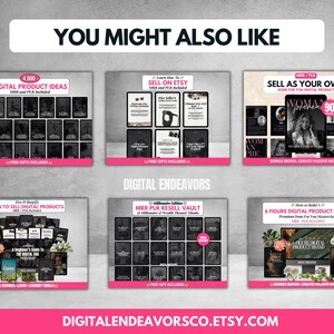 May include: A collage of six digital product listings for Etsy sellers. Each listing features a grid of thumbnails with a pink and black color scheme. The listings include titles such as "4,000 Digital Product Ideas", "Sell on Etsy", "Sell as Your Own", "How to Sell Digital Products", "MRR PLR Resell Vault", and "6 Figure Digital Product Brand".