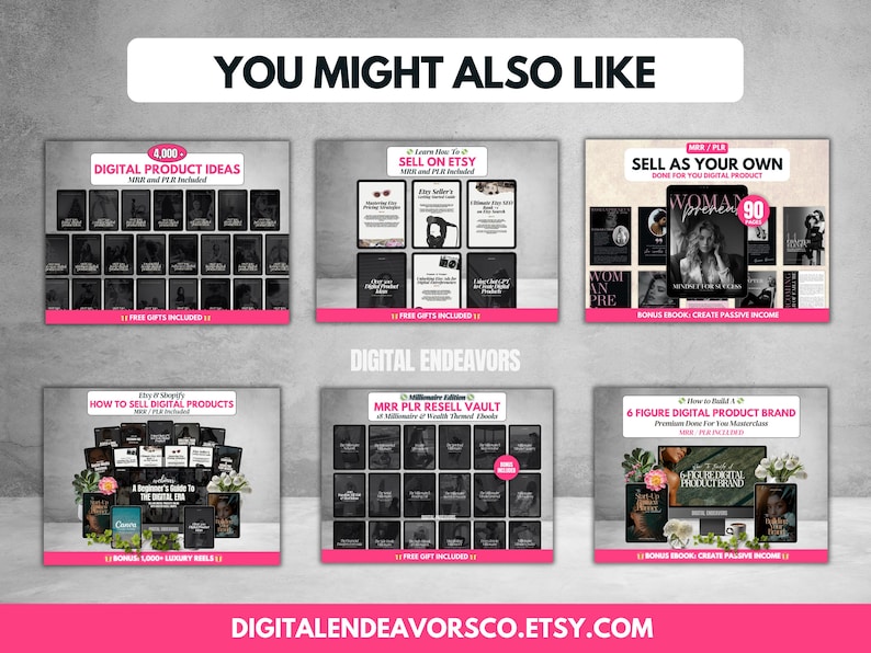 May include: A collage of six digital product listings for Etsy sellers. Each listing features a grid of thumbnails with a pink and black color scheme. The listings include titles such as "4,000 Digital Product Ideas", "Sell on Etsy", "Sell as Your Own", "How to Sell Digital Products", "MRR PLR Resell Vault", and "6 Figure Digital Product Brand".