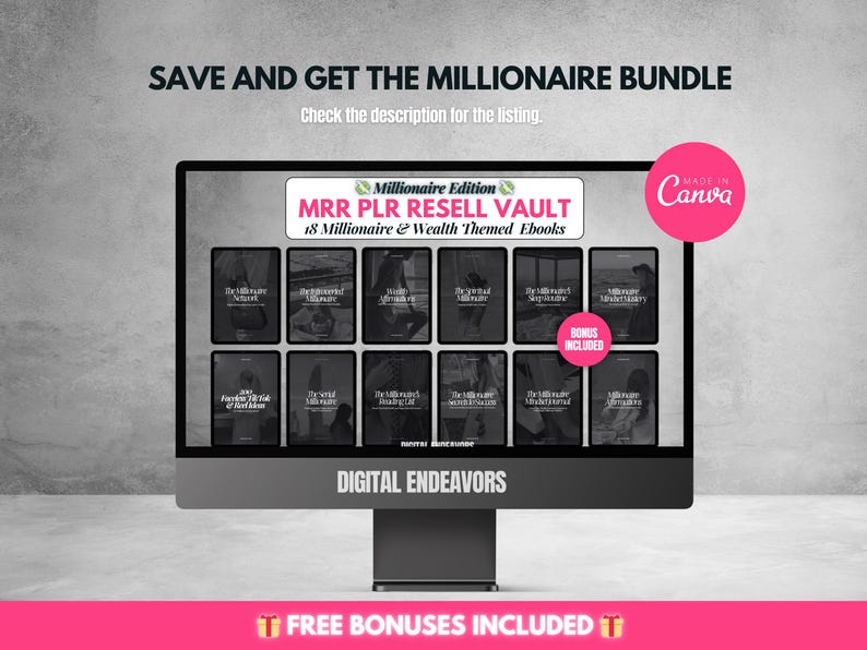 May include: A computer monitor displays a digital product bundle titled "MRR PLR Resell Vault" with 18 millionaire and wealth-themed eBooks. The image includes text that says "Save and get the Millionaire Bundle" and "Free Bonuses Included".