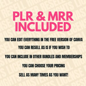 May include: A graphic with the text "PLR & MRR INCLUDED" in pink. Below, text in black states: "You can edit everything in the free version of Canva", "You can resell as is if you wish to", and more.