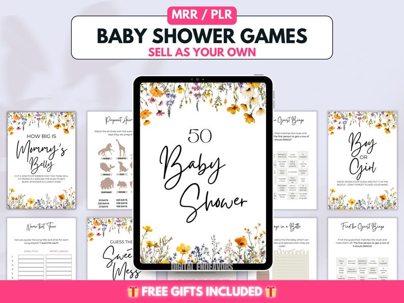 May include: A set of 50 printable baby shower games with a floral design. The games include "How Big Is Mommy's Belly", "Guess the Sweet Mess", "Name That Tune", "Pageant Air", "Guest Bingo", "Boy or Girl", "Age in a Bottle", and "Find the Guest Bingo".