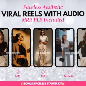 Pode incluir: Um anúncio com cinco smartphones exibindo imagens de mulheres em várias roupas. O texto diz "Faceless Aesthetic VIRAL REELS WITH AUDIO MRR PLR Included". Abaixo estão as palavras "MRR", "PLR" e "Aesthetic".