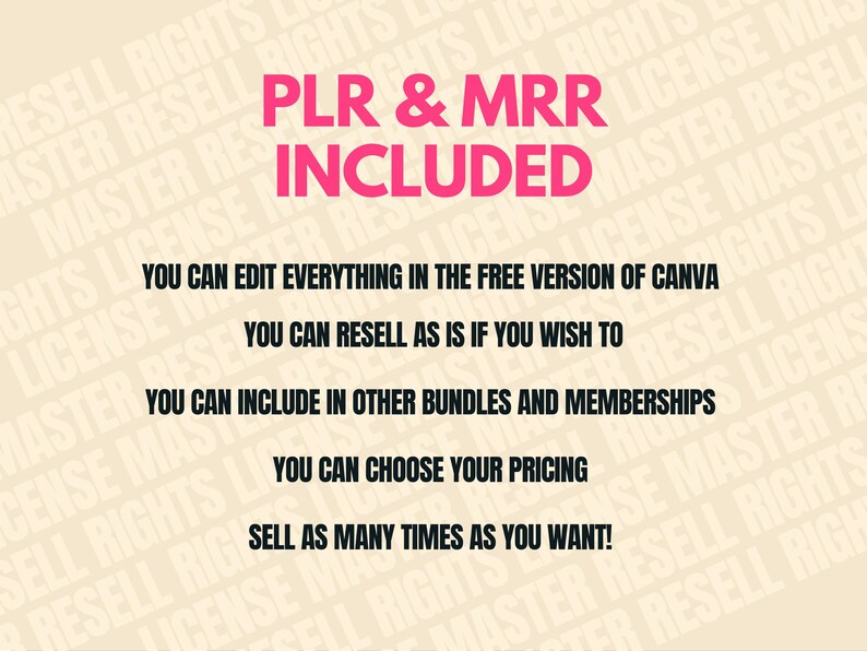 May include: Image with text in pink and black. The pink text reads "PLR & MRR INCLUDED". Below, black text states: "You can edit everything in the free version of Canva. You can resell as is if you wish to. You can include in other bundles and memberships."