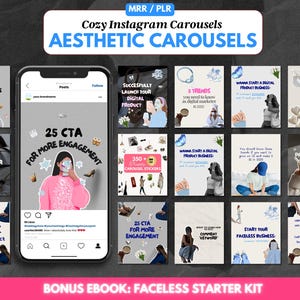 May include: A set of 12 Instagram carousel templates covering topics such as social media advice, productivity tips, and launching digital products. The templates have a minimalist design with a focus on text and images. The text includes phrases like "Start Being Productive", "Optimize Your Faceless IG Account", and "25 CTA For More Engagement".