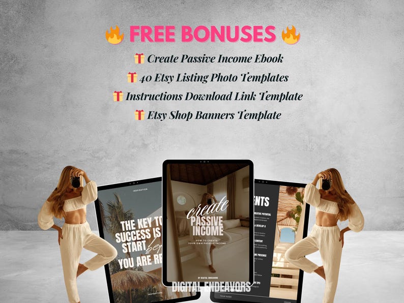 May include: A collage of images promoting Etsy shop resources. The images include a woman holding a camera, a laptop screen with the text "create passive income", and a laptop screen with the text "the key to success is start". The text "FREE BONUSES" is at the top of the image. The text "Create Passive Income Ebook", "40 Etsy Listing Photo Templates", "Instructions Download Link Template", and "Etsy Shop Banners Template" are listed below the text "FREE BONUSES".