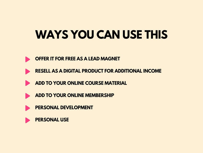 May include: A list of ways to use a digital product, including offering it for free as a lead magnet, reselling it as a digital product for additional income, adding it to online course material, adding it to an online membership, using it for personal development, and for personal use.