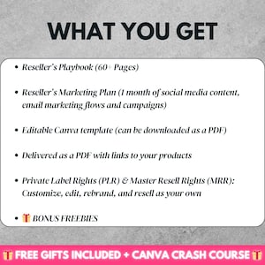 May include: A white text box with a gray background lists the benefits of purchasing a reseller package. The text includes "Reseller's Playbook (60+ Pages)", "Reseller's Marketing Plan (1 month of social media content, email marketing flows and campaigns)", "Editable Canva template (can be downloaded as a PDF)", "Delivered as a PDF with links to your products", "Private Label Rights (PLR) & Master Resell Rights (MRR): Customize, edit, rebrand, and resell as your own", and "BONUS FREEBIES".