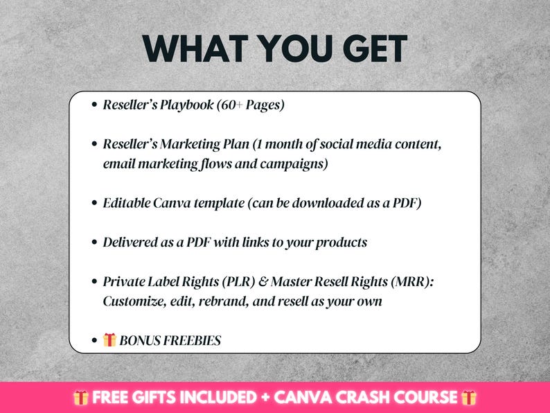 May include: A white text box with a gray background lists the benefits of purchasing a reseller package. The text includes "Reseller's Playbook (60+ Pages)", "Reseller's Marketing Plan (1 month of social media content, email marketing flows and campaigns)", "Editable Canva template (can be downloaded as a PDF)", "Delivered as a PDF with links to your products", "Private Label Rights (PLR) & Master Resell Rights (MRR): Customize, edit, rebrand, and resell as your own", and "BONUS FREEBIES".