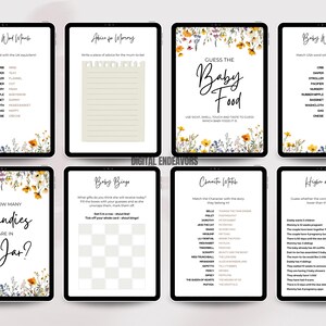 May include: A set of printable baby shower game cards with floral designs. The games include "Baby Word Match", "Advice for Mommy", "Guess the Baby Food", "How Many Candies Are in the Jar?", "Baby Bingo", "Character Match", and "Higher or Lower?"