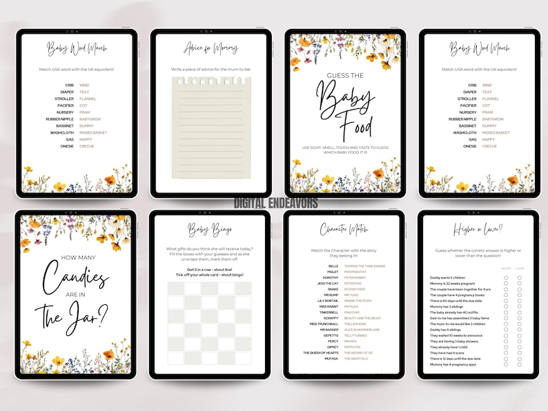 May include: A set of printable baby shower game cards with floral designs. The games include "Baby Word Match", "Advice for Mommy", "Guess the Baby Food", "How Many Candies Are in the Jar?", "Baby Bingo", "Character Match", and "Higher or Lower?"