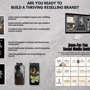 May include: A digital marketing guide for resellers, featuring a white background with black text and images of ebooks and social media content. The text includes "Are you ready to build a thriving reselling brand?" and "Done-For-You Social Media Content".
