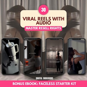 May include: A digital product listing for 30 viral reels with audio, including master resell rights. The image shows a collection of phone screens displaying different video clips. The text "30 Viral Reels with Audio" and "Master Resell Rights" is displayed in pink and white text on a black background. The text "Bonus Ebook: Faceless Starter Kit" is displayed in white text on a pink background.