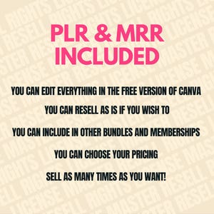 May include: A pink and white graphic with the text "PLR & MRR INCLUDED" in large pink letters. The text below explains that the product can be edited, resold, included in bundles, and priced as desired.