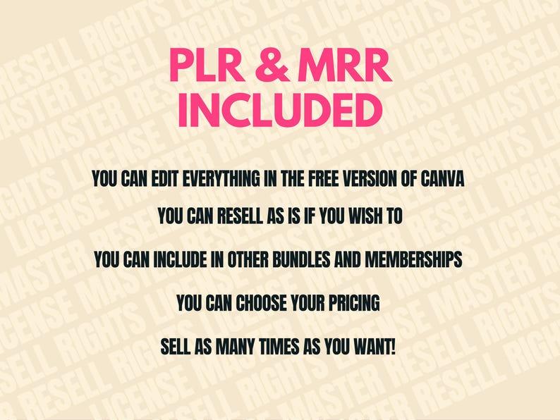 May include: A pink and white graphic with the text "PLR & MRR INCLUDED" in large pink letters. The text below explains that the product can be edited, resold, included in bundles, and priced as desired.