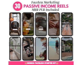 Pode incluir: Uma colagem de 30 imagens de tela de telefone mostrando vários estilos de vida e citações inspiradoras. O texto "Faceless Marketing 30 PASSIVE INCOME REELS MRR PLR Included" está no topo da imagem. O texto "BONUS: FACELESS STARTER KIT" está na parte inferior da imagem.
