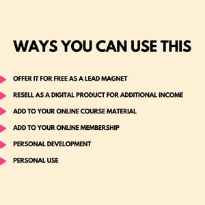 May include: A graphic on a cream background with the text "WAYS YOU CAN USE THIS" in black. Below, bullet points list options like using it as a lead magnet, reselling it, or adding it to online course material.