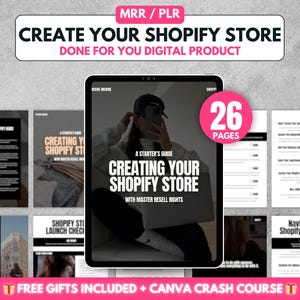 Könnte beinhalten: Ein digitaler Produktführer mit 26 Seiten zum Erstellen eines Shopify-Shops. Der Leitfaden enthält ein Schwarzweißbild einer Person, die ein Telefon hält, und den Text "A Starter's Guide Creating Your Shopify Store With Master Resell Rights".