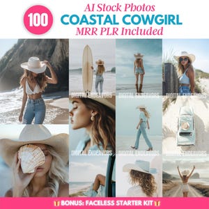 Coastal Cowgirl Aesthetic Stock Photos Bundle, Coastal Cowgirl Art Ai Stock Images, Master Resell Rights, Faceless Marketing, MRR PLR Kit