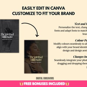 May include: A digital product mockup with a black and white cover featuring the text "The Spiritual Millionaire: Building Wealth with a Purpose". The mockup is easily customizable in Canva to fit your brand.