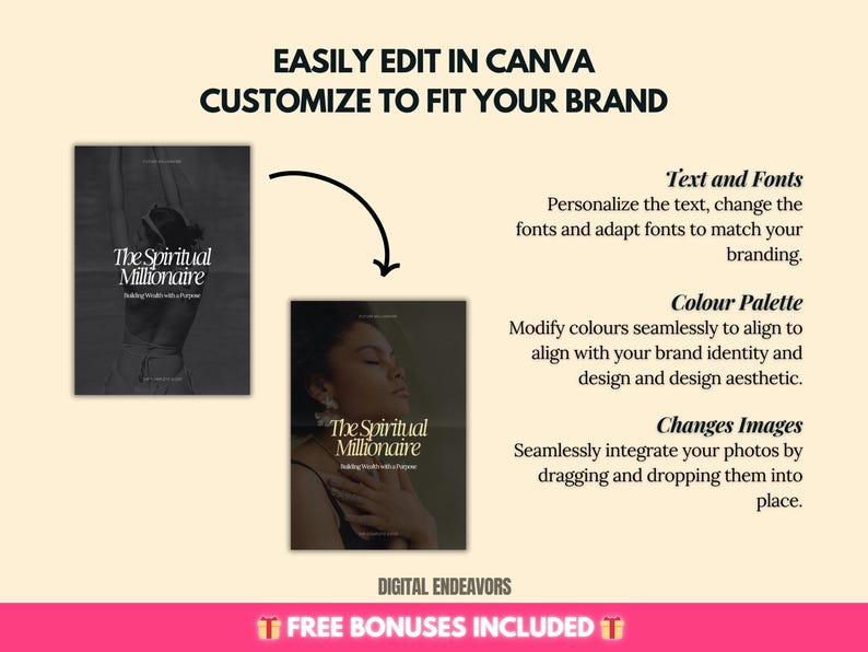 May include: A digital product mockup with a black and white cover featuring the text "The Spiritual Millionaire: Building Wealth with a Purpose". The mockup is easily customizable in Canva to fit your brand.