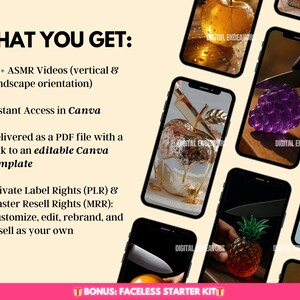 May include: A promotional image showcasing a digital product with various ASMR videos and Canva templates. The image features several smartphones displaying food-related ASMR content, including an apple, grapes, and a pineapple. Text highlights the product's features and benefits.