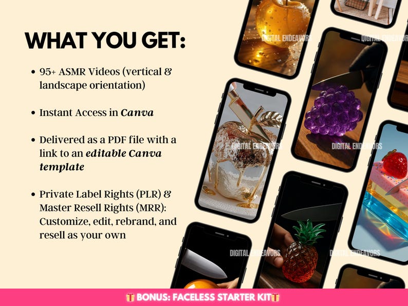 May include: A promotional image showcasing a digital product with various ASMR videos and Canva templates. The image features several smartphones displaying food-related ASMR content, including an apple, grapes, and a pineapple. Text highlights the product's features and benefits.
