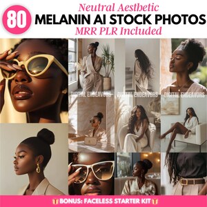 May include: A collage of 80 stock photos featuring people with brown skin tones in various poses and settings. The photos have a neutral aesthetic and are labeled "MELANIN AI STOCK PHOTOS".