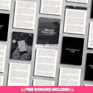 May include: A collection of digital products, including ebooks and guides, are displayed on a light gray surface. The titles include "Beyond Positive Thinking", "Millionaire Mindset Mastery", "The Neuroscience of Wealth", and "Developing a Resilient Wealth Mindset". The words "DIGITAL ENDEAVORS" are also visible.