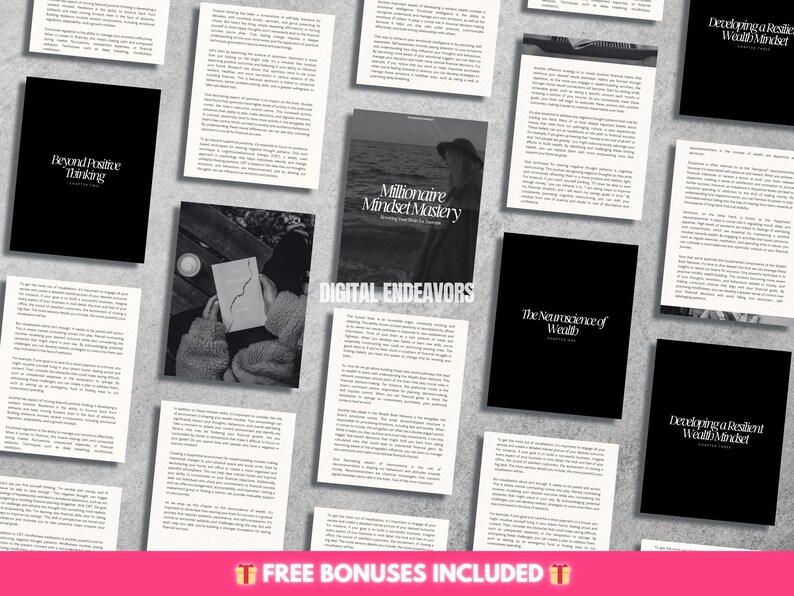 May include: A collection of digital products, including ebooks and guides, are displayed on a light gray surface. The titles include "Beyond Positive Thinking", "Millionaire Mindset Mastery", "The Neuroscience of Wealth", and "Developing a Resilient Wealth Mindset". The words "DIGITAL ENDEAVORS" are also visible.