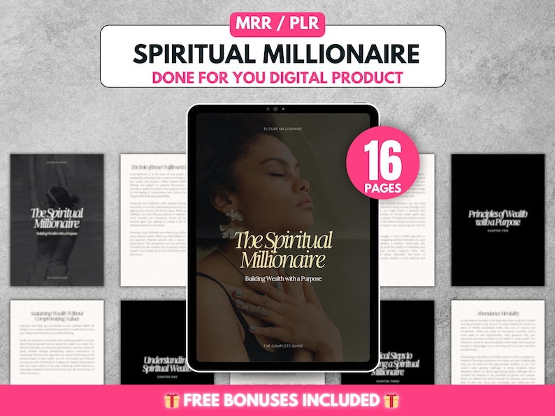May include: A digital product cover with a woman on the front. The cover is for a 16-page guide titled "The Spiritual Millionaire: Building Wealth with a Purpose".