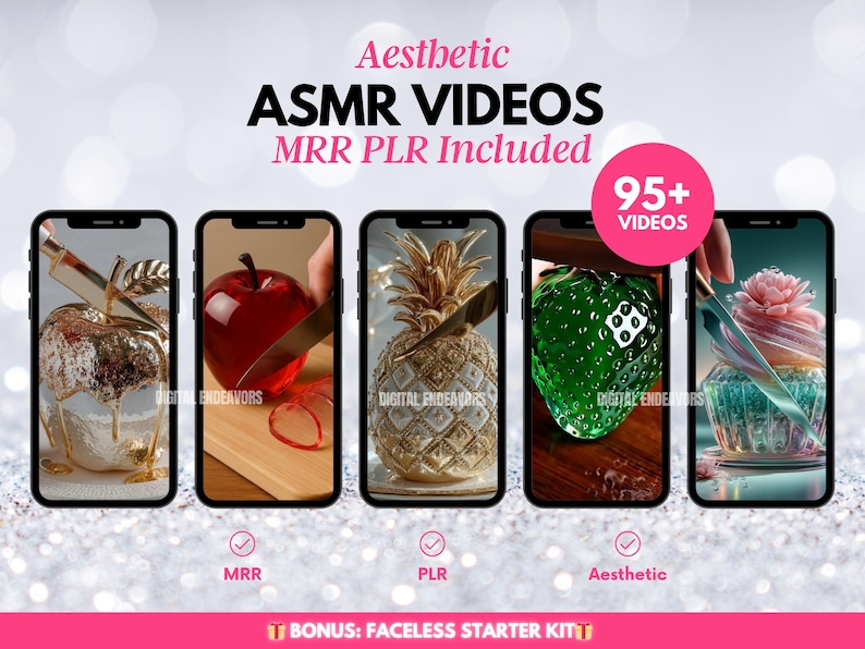 May include: An advertisement for aesthetic ASMR videos, displayed on five smartphones. Each phone screen showcases a different image: a golden apple, a red apple being sliced, a golden pineapple, a green strawberry, and a cupcake. Text includes "Aesthetic ASMR VIDEOS" and "95+ VIDEOS".