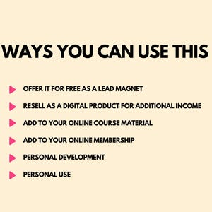 May include: A list of ways to use a digital product, including offering it for free as a lead magnet, reselling it as a digital product for additional income, adding it to online course material, adding it to an online membership, using it for personal development, and for personal use.