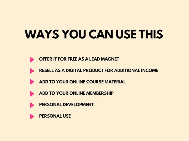 May include: A list of ways to use a digital product, including offering it for free as a lead magnet, reselling it as a digital product for additional income, adding it to online course material, adding it to an online membership, using it for personal development, and for personal use.