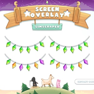 以下が含まれることがあります： 「SCREEN OVERLAY」と「SIMSCRAPER」というテキストが書かれた、漫画風のスクリーンオーバーレイのデジタルイラスト。オーバーレイには、緑、紫、オレンジのダイヤモンド型の装飾が2列に並んでいます。