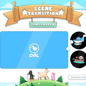 Op de afbeelding: Een blauw scherm met de tekst "SCENE TRANSITION" en "SIMSCRAPER" in een cartoonbanner erboven. Het scherm toont een wit dodo-vogellogo met de tekst "DAL" eronder. Aan de rechterkant van het scherm bevinden zich twee zwarte cirkels met witte omtrekken. De bovenste cirkel toont een blauw watervliegtuig en de onderste cirkel toont een klein bootje met een persoon erin. De tekst "INSTANT DOWNLOAD" bevindt zich onderaan het scherm.